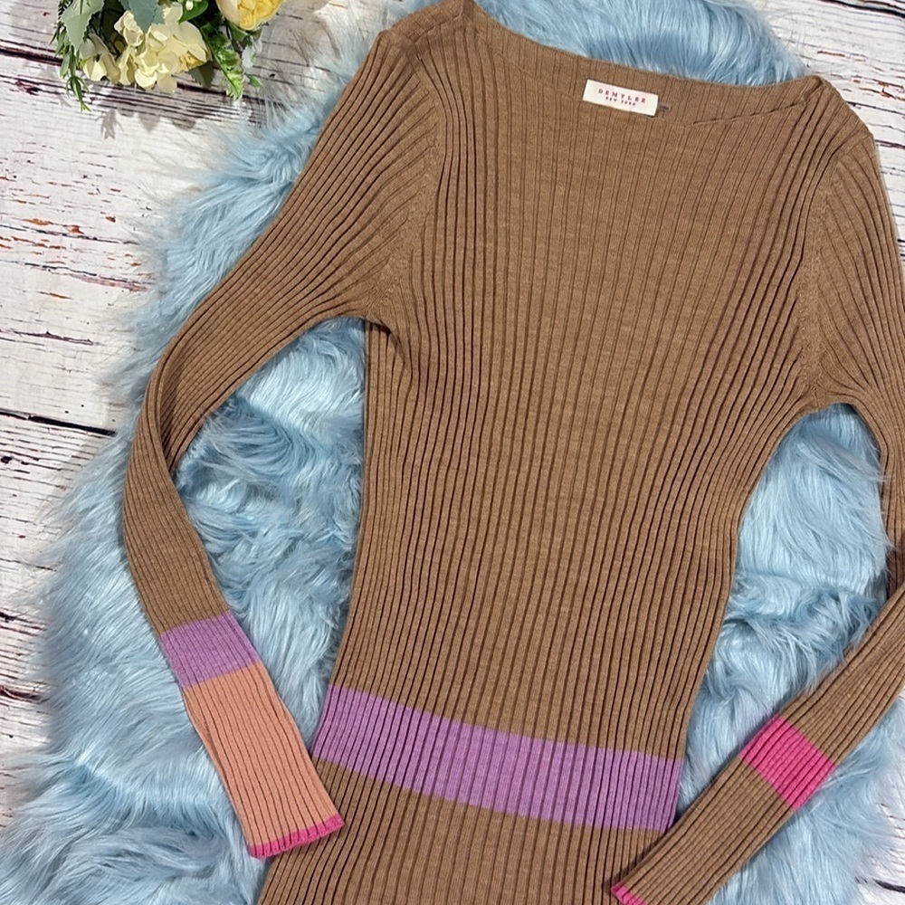 Demylee New York Wool Ribbed Camel Colorblock Tunic Sweater - Picture 4 of 9